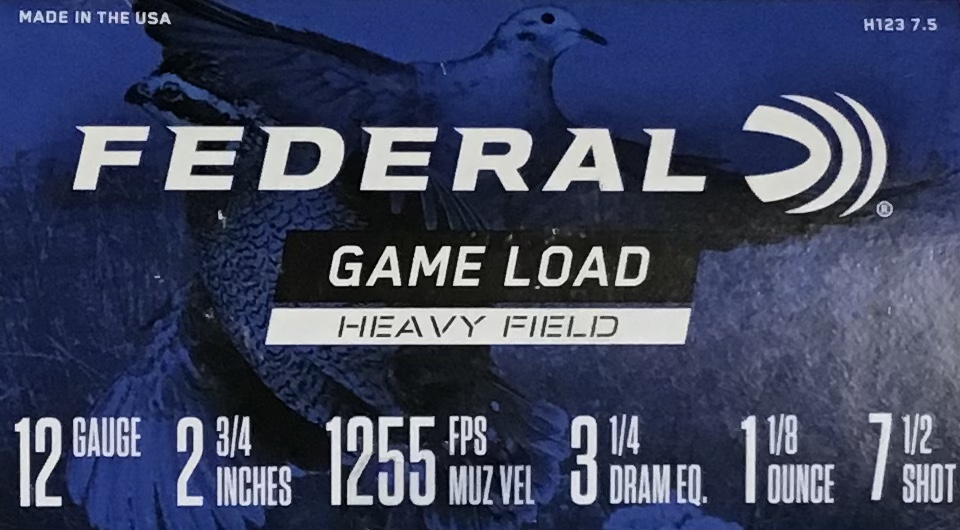 12 Gauge Federal Game-Load 2.75 in. 1 1/8 oz. 7.5 shot 25 rnds Heavy Field 1255 fps M-ID: H12375 UPC: 029465002077
