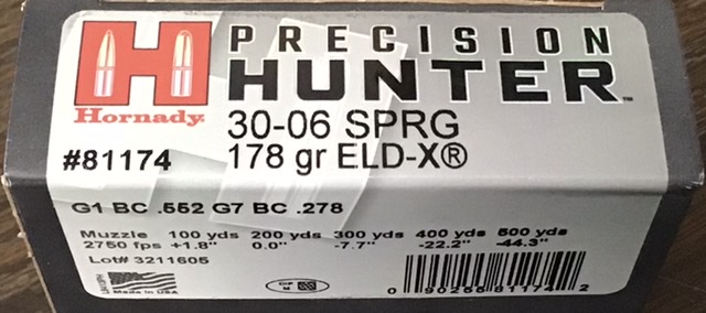 30-06 SPRG Hornady Precision Hunter 178 Grain ELD-X 20 Rounds M-ID: 81174 UPC: 090255811742