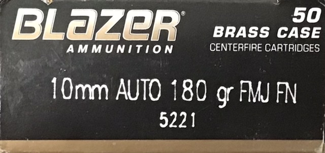 10mm Auto Blazer Brass 180 Grain Full Metal Jacket Flat Nose 50 Rounds M-ID: 5221 UPC: 604544656275
