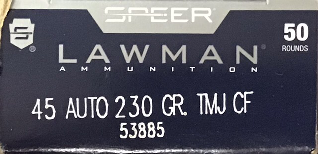 45 Auto Speer Lawman 230 Grain Total Metal Jacket CF 50 Rounds M-ID: 53885 UPC: 076683538857