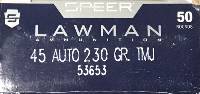 45 Auto Speer Lawman 230 Grain Total Metal Jacket 50 Rounds M-ID: 53653 UPC: 076683536532