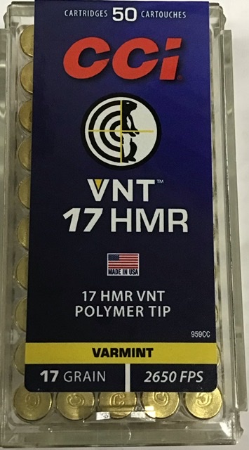 17 HMR CCI VNT Varmint 17 gr. Polymer Tip 50 rnds 2650 fps Brass M-ID: 959CC UPC: 604544621198
