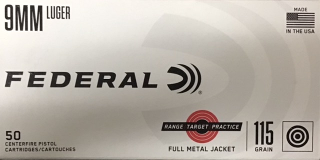 9mm Luger Federal 115 Grain Full Metal Jacket Range Target Practice 50 Rounds M-ID: RTP9115 UPC: 029465064709