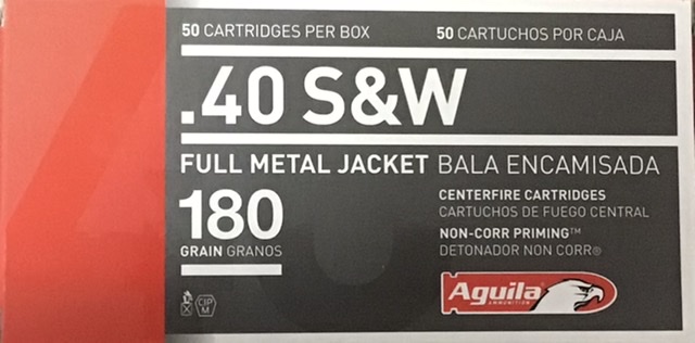 40 S&W Aguila 180 gr. Full Metal Jacket FMJ 1000 rnds 1050 fps (20 boxes) Brass M-ID: 1E402110 UPC: 640420003092