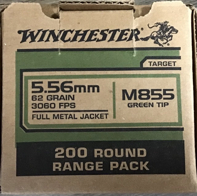 5.56mm Winchester 62 grain Full Metal Jacket **GREEN TIP** (5 boxes of 200 rounds) = 1000 rounds M-ID: WM855200 UPC: 020892228641