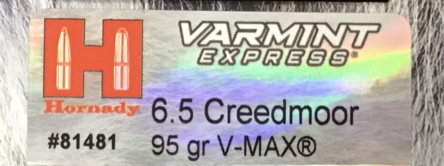 6.5 Creedmoor Hornady Varmint Express 95 Grain V-MAX 20 Rounds M-ID: 81481 UPC: 090255814811