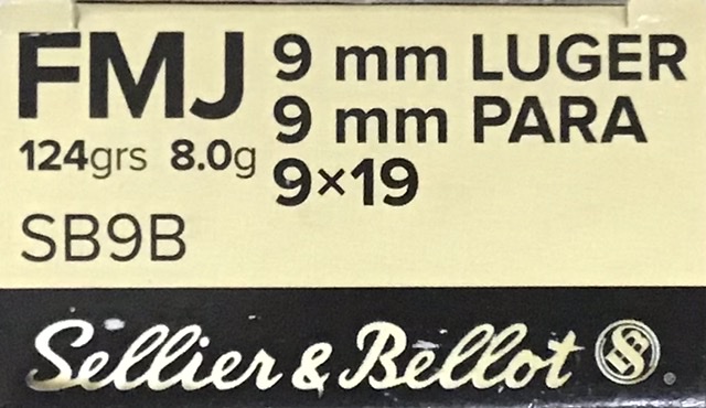 9mm Luger Sellier & Bellot 124 Grain Full Metal Jacket 50 Rounds M-ID: SB9B UPC: 754908500093