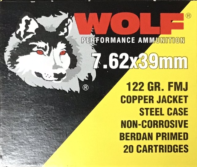 7.62x39mm Wolf 122 Grain Full Metal Jacket Copper Jacket Steel Case 20 Rounds M-ID: 645611763212 UPC: 645611763212