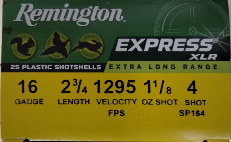 16 Gauge Remington Extra XLR 2 3/4 in 1 1/8 oz 4 shot 25 rnds Extra Long Range M-ID: 28003 UPC: 047700015804