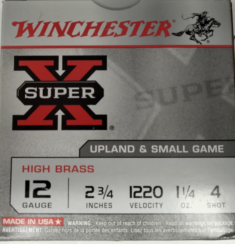 12 Gauge Winchester Super-X 2.75 in. 1 1/4 oz. 4 shot 25 rnds Upland & Small Game 1220 fps M-ID: X12P4 UPC: 020892015937