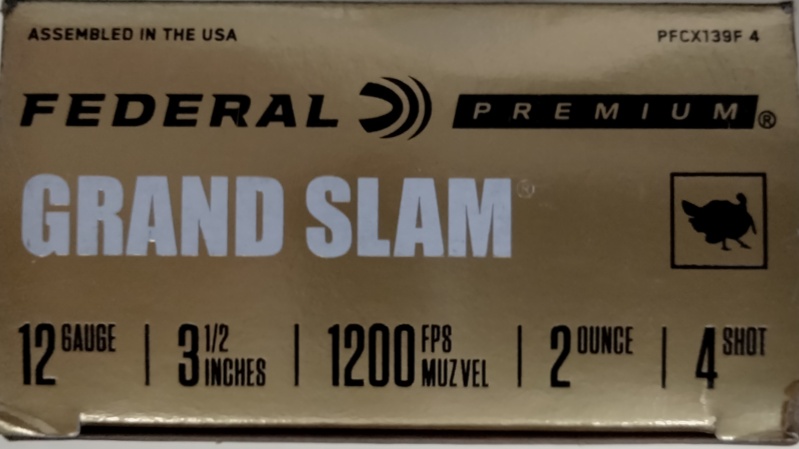 12 Gauge Federal Grand Slam 3.5 in. 2 oz. 4 shot 10 rnds Premium Turkey 1200 fps M-ID: PFCX139F4 UPC: 604544631777