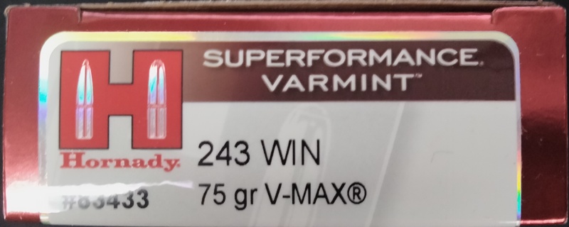 243 Win Hornady Superformance Varmint 75 gr. V-MAX 20 rnds 3580 fps Brass M-ID: 83433 UPC: 090255834338