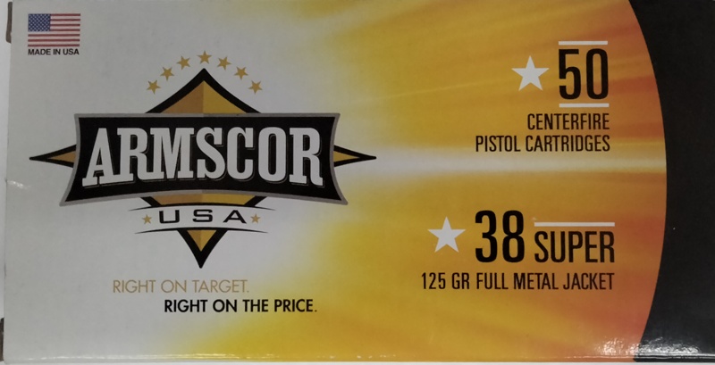 38 Super Armscor 125 gr. Full Metal Jacket FMJ 500 rnds 1357 fps (10 boxes) Brass M-ID: FAC38SUPER1N UPC: 812285021416