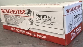 9mm Nato Winchester 124 gr FMJ 150 rnds M-ID: USA9NATO UPC: 020892221413