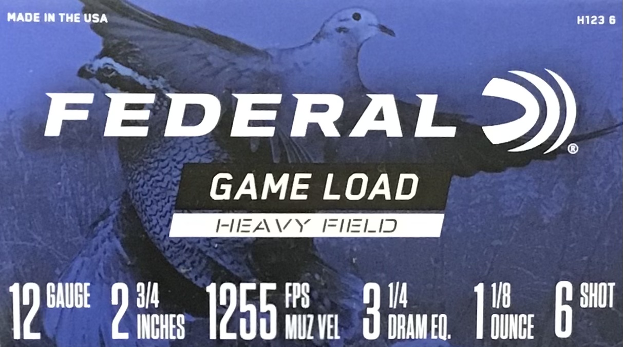 12 Gauge Federal Game Load 2.75 in. 1 1/8 oz. 6 shot 250 rnds Heavy Field 1255 fps (10 boxes) M-ID: H1236 UPC: 029465002060