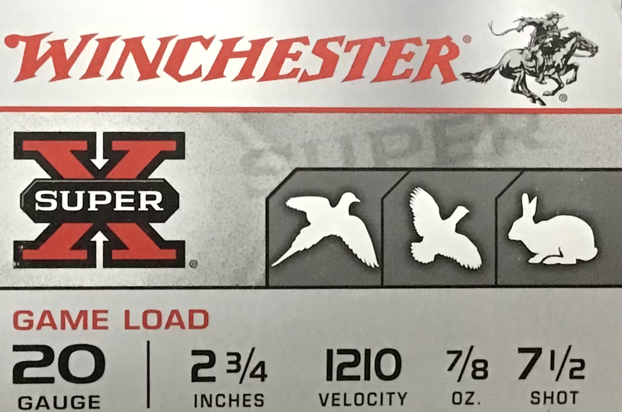 20 Gauge Winchester Super X Game Load Upland and Small Game 1210 Velocity 2 3/4 Inches 7/8 oz. 7 1/2 Shot 25 Rounds M-ID: XU207 UPC: 020892013414