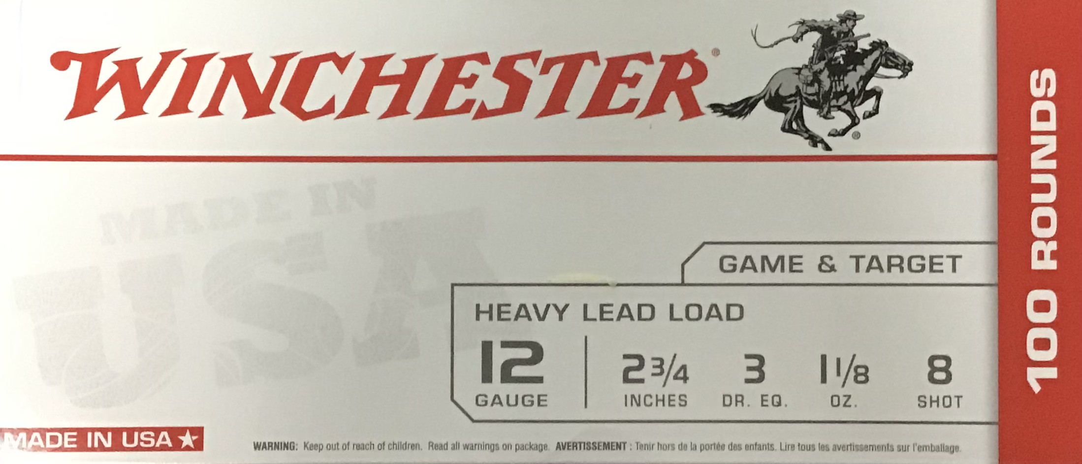 12 Gauge Winchester Game and Target 2 3/4 Inches 8 Shot 100 Rounds M-ID: USA128VP UPC: 020892020139