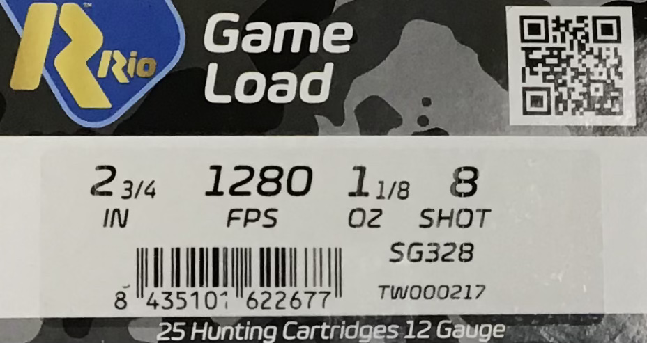 12 Gauge Rio Game Load 2.75 in. 1 1/8 oz. 8 shot 25 rnds Super Game HV 1280 fps M-ID: SG328 UPC: 8435101622677