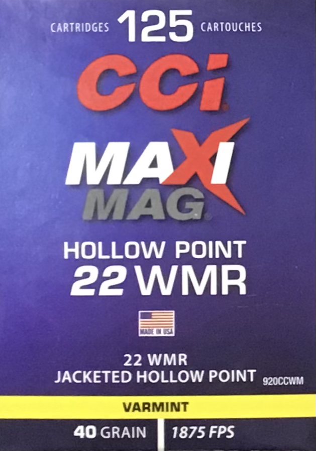 22 WMR CCI 40 gr. JHP Maxi-Mag 125 rnds M-ID: 9200CCWM UPC: 604544658538