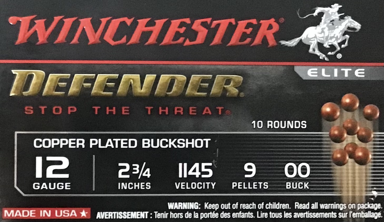 12 Gauge Winchester Defender Elite 2 3/4 in 9 pellets 00 Buck 100 rnds Copper Plated Buckshot (10 boxes) M-ID: SB1200PD UPC: 020892026520