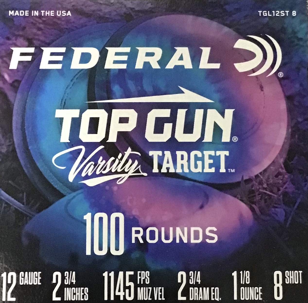 12 Gauge Federal Top Gun 2.75 in. 1 1/8 oz. 8 shot 100 rnds Varsity Target 1145 fps M-ID: TGL12ST8 UPC: 604544676495