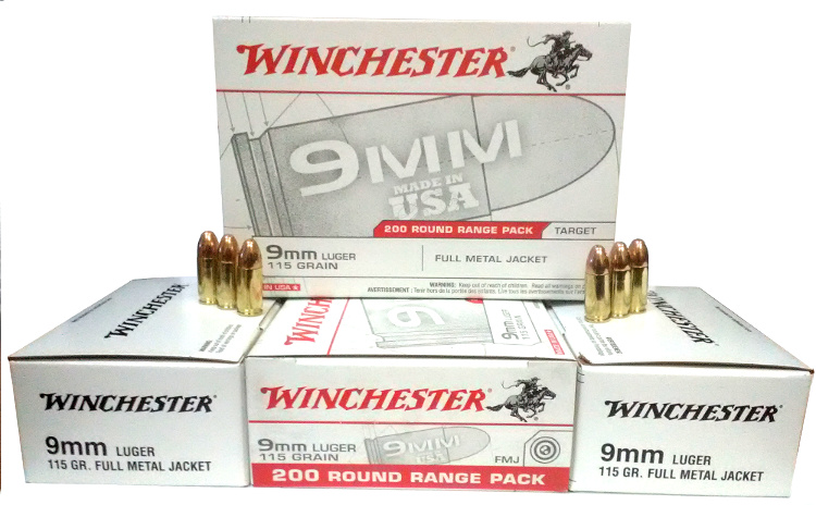 9mm Winchester 115 gr FMJ (5 boxes of 200 Rnds) = 1000 rnds M-ID: USA9W UPC: 020892221819