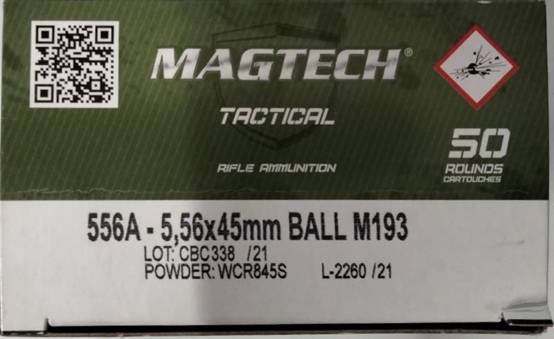5.56 Magtech 55 gr FMJ 50 rnds First Defense Tactical Brass M-ID: 556A UPC: 754908200313