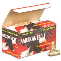 45 Auto American Eagle (Federal) 230 gr. FMJ 500 rnds 890 fps (5 boxes) Brass M-ID: AE45A100 UPC: 029465062460