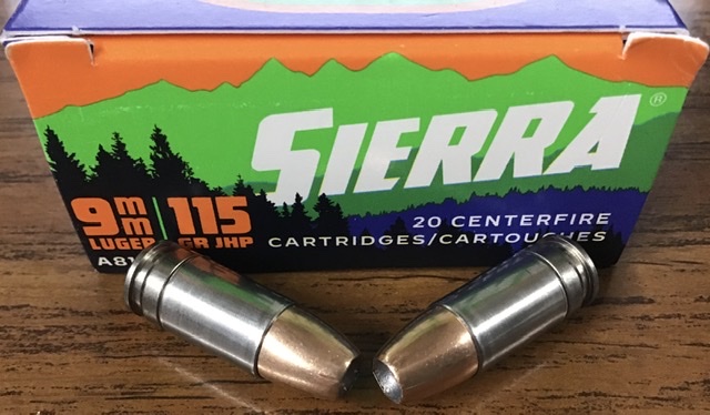 9mm Luger Sierra 115 grain JHP 20 rounds M-ID: A81100119 UPC: 092763600085