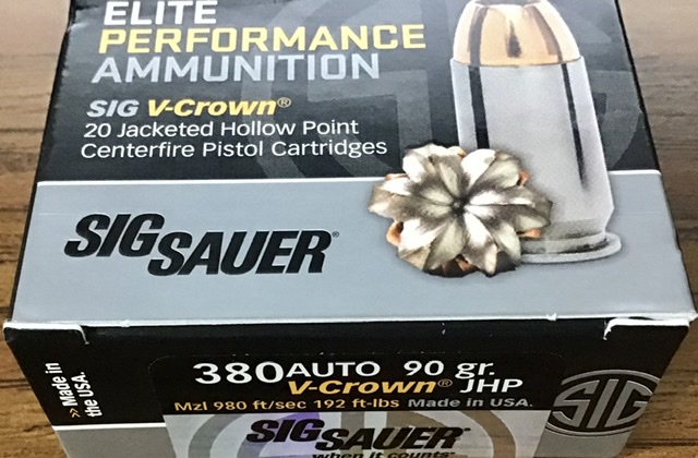 380 Auto Sig Sauer 90 gr JHP Jacketed Hollow Point V-Crown 20 rnds M-ID: E380A1-20 UPC: 798681458172