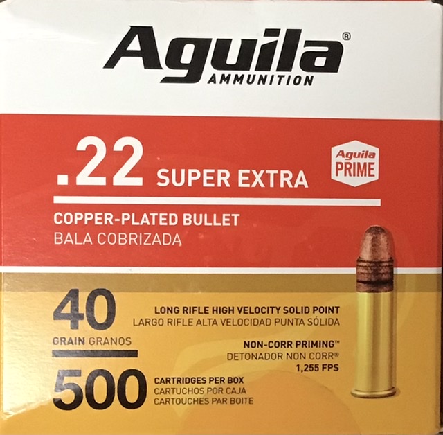 22 LR Aguila 40 grain Copper Plated Solid Point Standard High Velocity 500 rounds M-ID: 1B221115 UPC: 640420013138