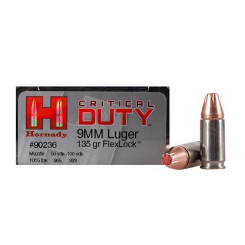9mm Luger Hornady 135 gr. Flexlock 250 rnds 1010 fps (10 boxes) Brass M-ID: 90236 UPC: 090255902365