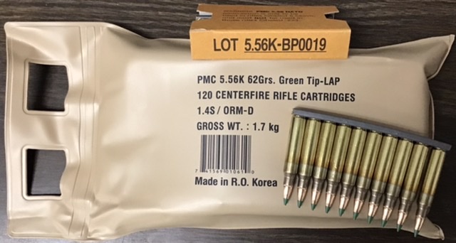 5.56 PMC 62 Grain Green Tip- Light Armor Piercing Stripper Clips 480 Rounds in a plastic can M-ID: 5.56K-BP0019 UPC: 741569010610
