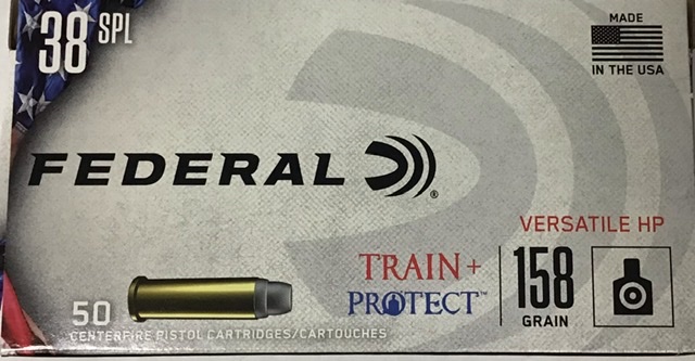 38 Special Federal Train+Protect 158 gr. VHP 50 rnds 830 fps Brass M-ID: TP38VHP1 UPC: 604544656206