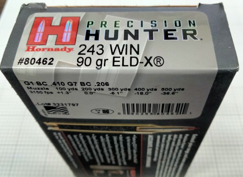 243 Win Hornady Precision Hunter 90 gr. ELD-X 20 rnds 3150 fps Brass M-ID: 80462 UPC: 090255804621