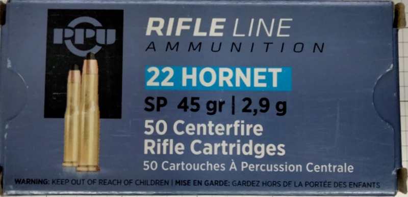 22 Hornet PPU Rifle Line 45 gr. Soft Point SP 20 rnds Brass M-ID: PP22H UPC: 8605003812272