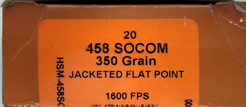 458 SOCOM HSM 350 gr. JFP Jacketed Flat Point 20 rnds 1600 fps Brass M-ID: 458SOCOM1N UPC: 810742027049