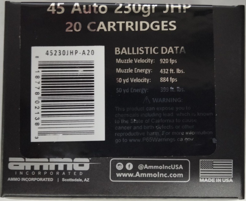 45 Auto AMMO Inc. 230 gr. JHP Jacketed Hollow Point 20 rnds 920 fps Brass M-ID: 45230JHPA20 UPC: 818778021383