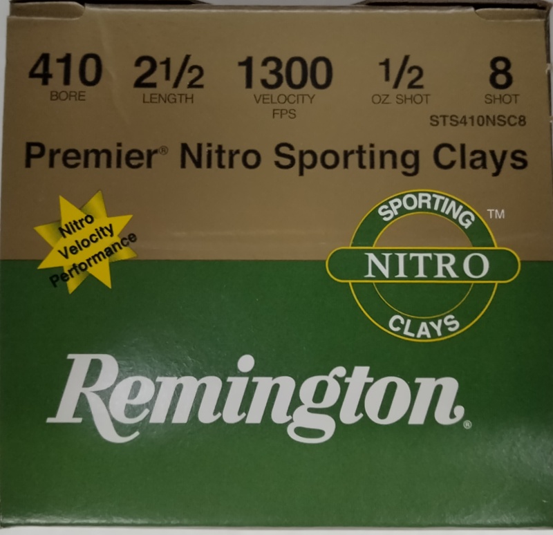 410 Remington Premier Nitro 2.5 in. 1/2 oz. 8 shot 25 rnds Sporting Clays 1300 fps M-ID: 28879/STS410NSC8 UPC: 047700501000