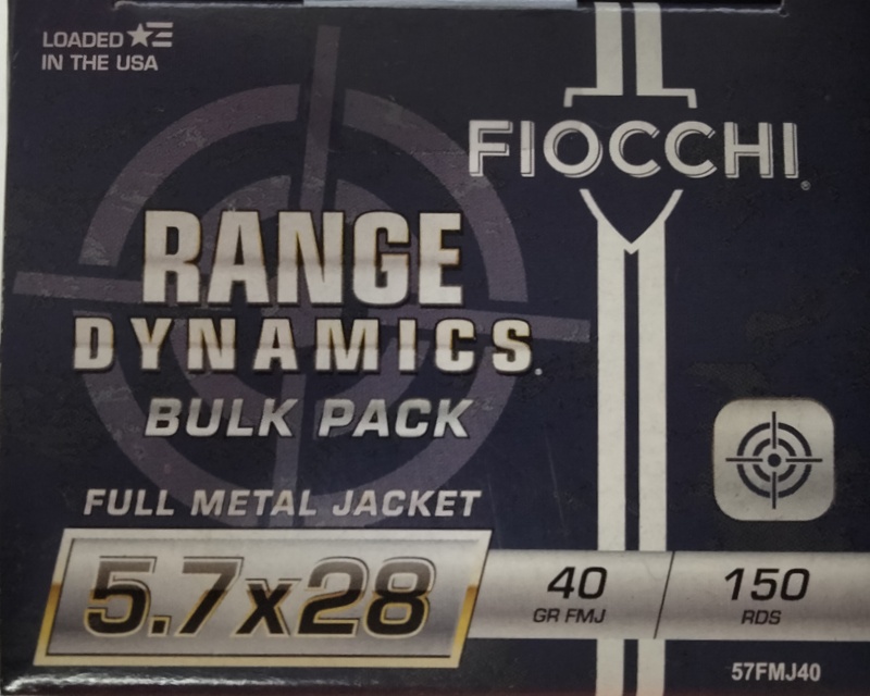 5.7x28mm Fiocchi Range Dynamics 40 gr. FMJ Full Metal Jacket 150 rnds Bulk Pack Brass M-ID: 57FMJ40 UPC: 762344713403
