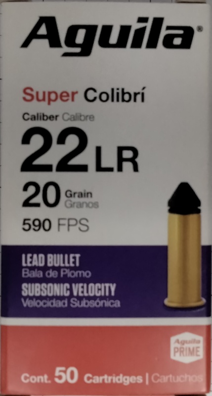 22 Long Rifle Aguila Prime 20 gr. Super Colibri Lead Solid Point 50 rnds 590 fps Brass M-ID: 1B220339 UPC: 640420012872