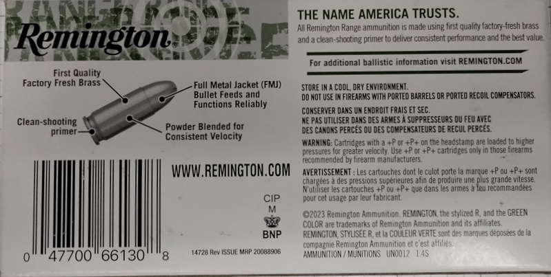 9mm Luger Remington Range 124 gr. FMJ Full Metal Jacket 1000 rnds 1090 fps (20 boxes) Brass M-ID: T9MM2L/R22780 UPC: 047700661308