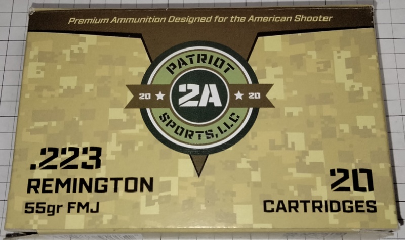 223 Rem Patriot Sports USA 55 gr. Full Metal Jacket FMJ 20 rnds 3280 fps Brass M-ID: P223055F UPC: 850053775086