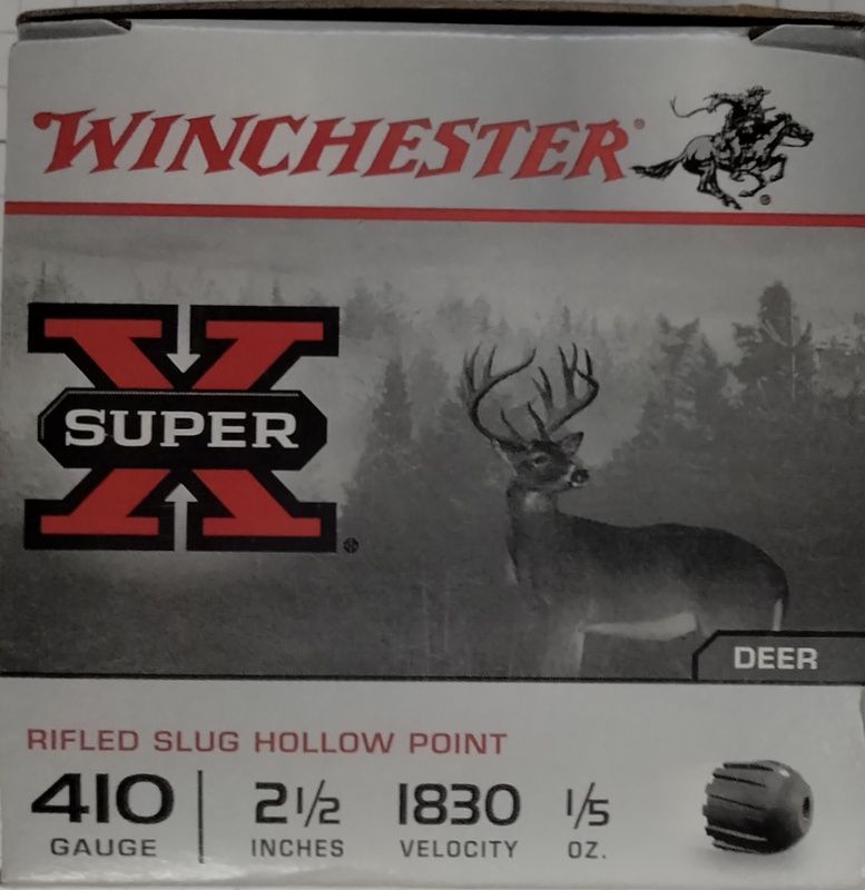410 Winchester SuperX 2.5 in. 1/5 oz. Rifle Slug Hollow Point HP 15 rnds 1830 fps M-ID: X41RS5VP UPC: 020892020580
