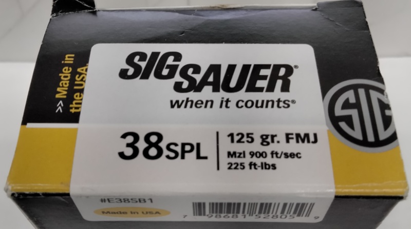 38 Special Sig Sauer Elite Performance 125 gr. Full Metal Jacket FMJ 50 rnds 900 fps Brass M-ID: E38SB1 UPC: 798681528059