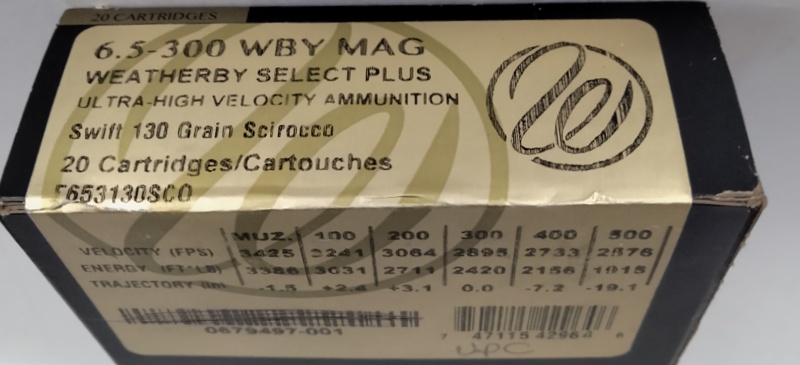6.5-300 Weatherby Weatherby Select Plus 130 gr. Scirocco 20 rnds 3425 fps Brass M-ID: F653130SC0 UPC: 747115429646