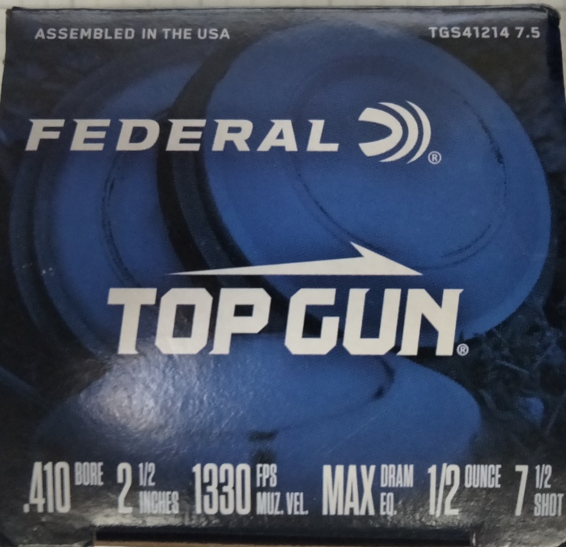 410 Bore Federal Top Gun 2.5 in. 1/2 oz. 7.5 shot 25 rnds 1330 fps M-ID: TGS4121475 UPC: 604544646597