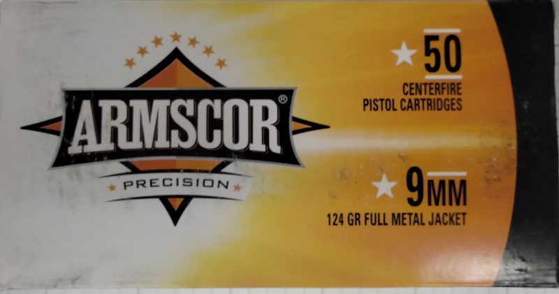 9mm Luger Armscor Precision 124 gr. Full Metal Jacket FMJ 1000 rnds (20 boxes) Brass M-ID: 50041PH UPC: 4806015500414
