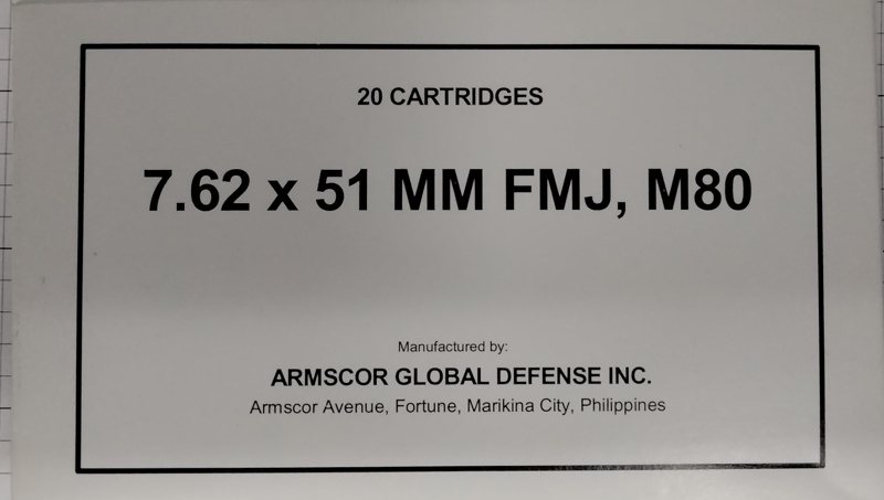 7.62x51 Armscor Global Defense 147 gr. FMJ Full Metal Jacket 200 rnds (10 boxes) Brass M-ID: 50319 UPC: 4806015503194