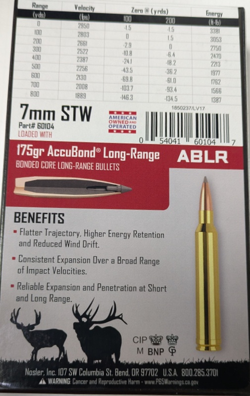 7mm STW Nosler Trophy Grade 175 gr. ABLR AccuBond Long Range 20 rnds 2950 fps Brass M-ID: 60104 UPC: 054041601047